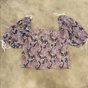 Free People Floral Smocked Puff Sleeve off the shoulder Top